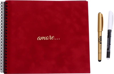 Фотоальбом Фотокнига Премиум в красном бархате с надписью "amore" 23х20 см 20 страниц + 2 маркерами (Fotobook-0098)