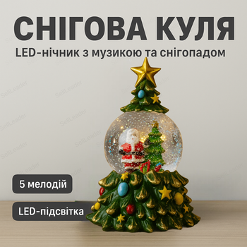 Музична Сніжна Куля «Ялинка» 23см Led світильник циркуляція снігу нічник 5 мелодій USB живлення тепле світло