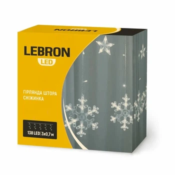 Гірлянда новорічна штора 3м*0.7м сніжинка 138LED жовта Lebron (15-18-95)