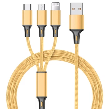 Зарядный кабель 3 в 1 шнур для зарядки Lightning, Micro USB и Type-C 1.5м золотой