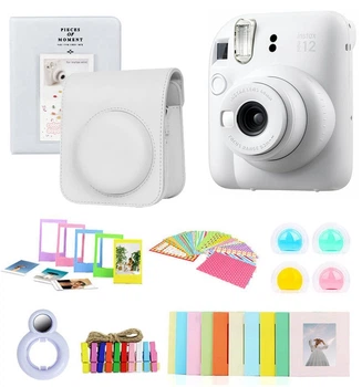 Подарунковий набір камера миттєвого друку Fujifilm Instax Mini 12 Clay White / Чохол білий/ Фотоальбом на 64 знімки/ комплект аксесуарів (рамки, лінзи)