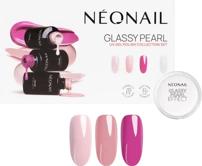 Zestaw lakierów hybrydowych do paznokci Neonail Glassy Pearl Pink Essence 3 ml + Rosy Moment 3 ml + Marshmallow Vibes 3 ml + Pyłek do paznokci Glassy Pearl Effect 1 szt (5904553697401)