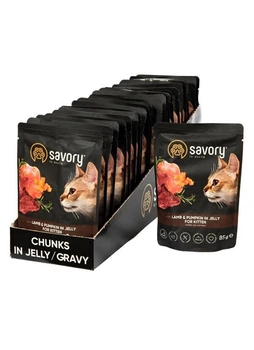 Упаковка вологого корму Savory Kitten для кошенят з ягням та гарбузом (шматочки в желе) 22 шт х 85 г