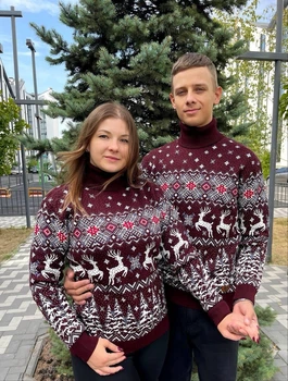 Светр Christmas Reindeer новорічний унісекс вовняний XL бордо (26589)