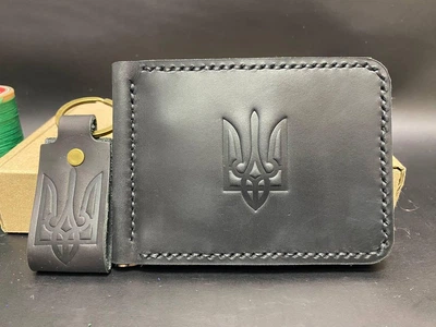 Затиск Для Грошей із Натуральної Шкіри з Гербом Чорний Шкіряний Гаманець
