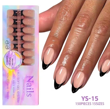 Гелевые типсы для наращивания Soft Gel с французским маникюром миндаль М глянец 150 шт бежевые с черным френчем (015)