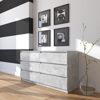 Комод VAYS R-7 Бетон, 6 ящиків без ручок, ЛДСП, 140×40×75 см – для дому, офісу, вітальні, спальні