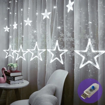 Гирлянда-бахрома штора Звёзды 12 нитей 120LED 3м*1м на батарейках+USB Белый 1000-ZABI-7USB