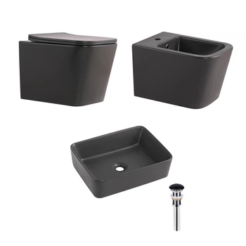 Комплект Qtap Tern Anthracite 3 в 1: унитаз подвесной Ultra Quiet + биде подвесное + раковина накладная QTTERAN49161