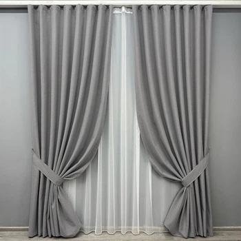Комплект штор VR-Textil 100% блэкаут ASHEN NIGHT 150х270 2шт и Тюль 400х270 1851ш-1153т серый с белым 71-092/3