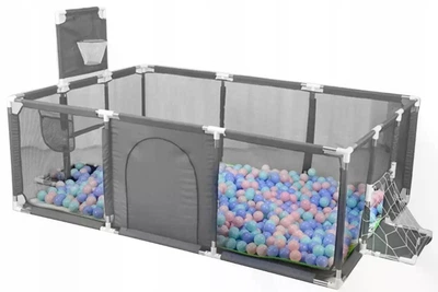Детский игровой манеж Springos XXL — 180×120 см, серый, с 30 шариками, воротами и баскетбольным кольцом