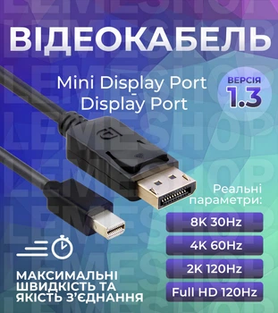 Кабель mini DisplayPort на DisplayPort v1.3 8K 30Hz 4K 60Hz 2K 120Hz 1080P 120Hz Cable mini DP to DP Kayfovo KF15 1.8 м Black