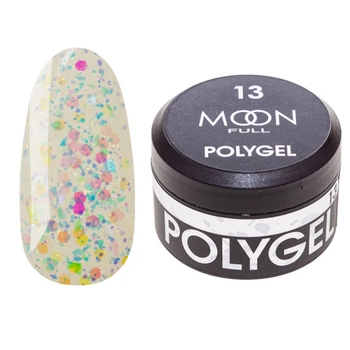 Полигель Moon Full для наращивания ногтей Poly Gel №13 жемчужное конфетти с поталью 15 мл