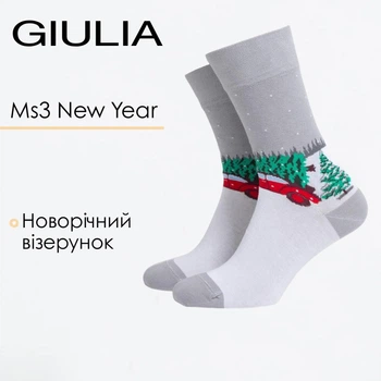 Чоловічі бавовняні шкарпетки з новорічним візерунком Giulia MS3 NEW YEAR 2602 39/42 Grey-silver,високі шкарпетки з малюнком