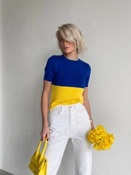 Жіноча в’язана жовто-блакитна футболка UKRAINA Milirud S/L Синій (493-28-S/L)