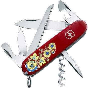 Ніж складаний, мультитул Victorinox Camper Ukraine (91мм, 13 функцій), червоний, квіти 1.3613_T1050u