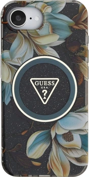 Etui plecki Guess IML Metal Glitter Flowers Triangle MagSafe do Apple iPhone 16e Black (GUHMPSE4HFLPEDK)