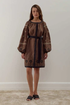 Жіноча лляна сукня-вишиванка Орія Folk Moda L Коричневий (orq-korichneva-309511148)