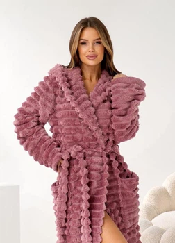 Женский махровый халат миди с капюшоном SM183146 2XL-3XL (56-60) Темно-розовый