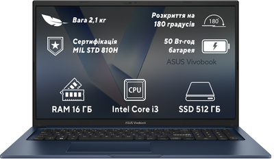 Ноутбук ASUS Vivobook 17 X1704VA-AU755 (90NB10V2-M00V30) Quiet Blue / 17.3" IPS Full HD / Intel Core i3-1315U / RAM 16 ГБ / SSD 512 ГБ