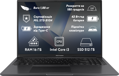 Ноутбук ASUS VivoBook 16 X1605VA-MB234 (90NB10N3-M009J0) Indie Black / 16" IPS WUXGA / Intel Core i3-1315U / RAM 16 ГБ / SSD 512 ГБ / Підсвітка клавіатури