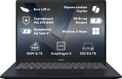 Ноутбук ASUS VivoBook 14 X1407QA-LY034W (90NB1601-M00440) Quiet Blue / 14" IPS WUXGA / Snapdragon X X1-26-100 / RAM 16 ГБ / SSD 512 ГБ / Windows 11 Home / 10+ часов автономной роботы