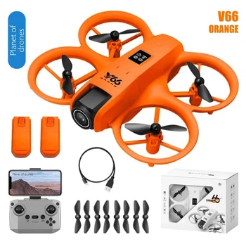 Квадрокоптер V66 Orange – дрон c 8K-камерой, 2 АКБ в комплекте, FPV, 5G Wi-Fi, EIS, Избегание препятствий, Флипы, Гироскоп, до 24 (12+12) минут, до 200 м, 70 грамм
