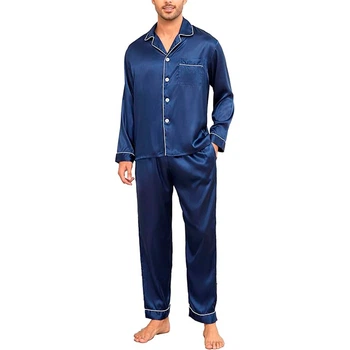 Комплект чоловічої піжами Lesko TZ21762 L Синій сорочка з довгим рукавом та штанами