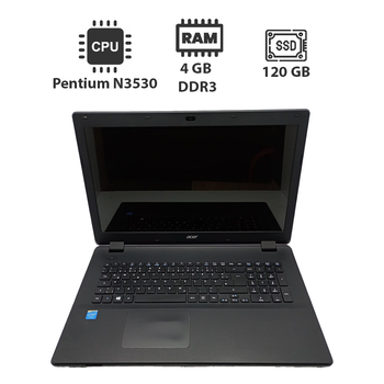 Ноутбук Acer ES1-511 / 15.6" (1366x768) TN / Intel Pentium N3530 (4 ядра по 2.16 - 2.58 GHz) / 4 GB DDR3 / 120 GB SSD / Intel HD Graphics / WebCam б/у