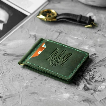 Кожаный зажим для денег Tryzub Green из натуральной кожи Crazy Horse, зеленый, с тиснением Герб Украины