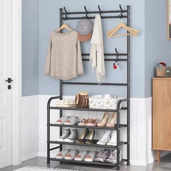 Вішалка для одягу та взуття 2в1 4 полиці 60х26х155 см "Multi-functional shoe and hat rack" металева, чорна
