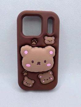 Детский резиновый чехол Bear для Apple iPhone 17 Pro с подставкой держателем Коричневый