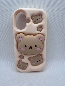 Детский резиновый чехол Bear для Apple iPhone 17 с подставкой держателем Бежевый