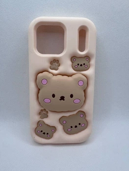 Детский резиновый чехол Bear для Apple iPhone 17 Pro Max с подставкой держателем Бежевый