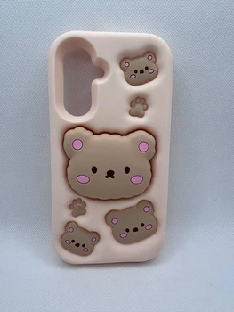 Детский резиновый чехол Bear для Samsung Galaxy A17 с подставкой держателем Бежевый
