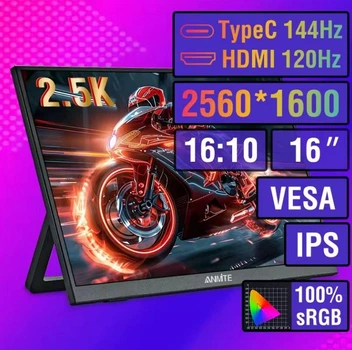 Портативний монітор Anmite 2.5K 144 Гц/120 Гц 16'' HDR з низьким рівнем синього світла для Xbox PS4 / 5 Switch