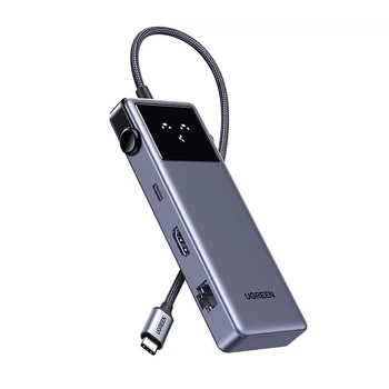 USB-C хаб Ugreen Uno CM888 7-в-1 HDMI 4K 60Гц PD 100W RJ45 1000 Мбит/с USB 3.0 с дисплеем 20 см Темно-серый (45155)