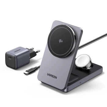 Беспроводная зарядная станция Ugreen W707 3 в 1 Qi2 Magnetic 25W с адаптером 30W Серый (45025)