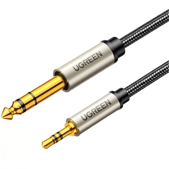 Аудиокабель Ugreen AV127 Mini Jack 3.5 мм - Jack 6.35 мм 2 м TRS Hi-Fi, хлопковая оплетка Серый (10628)