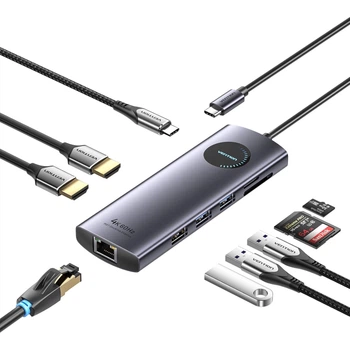 Док-станция Vention USB-C 9-в-1 MST 2xHDMI 4K 60Hz PD 100W RJ45 USB 3.0 SD/TF 0.15 м Серый (TQVHB)