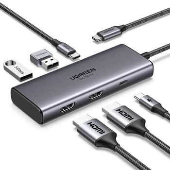 Хаб Ugreen CM498 6 в 1 USB-C 2x HDMI 8K 30Hz USB 3.0 PD 100W 20 см Сірий (15852)