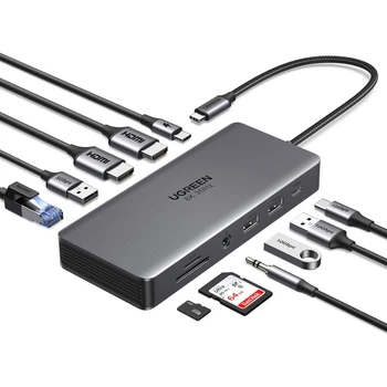 USB-хаб Ugreen CM681 11-в-1 USB-C 2xHDMI 8K-30Гц USB 3.2 10 Гбит/с PD 100W RJ45 SD/TF 3.5 мм Серый (15965)
