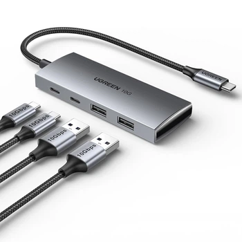 USB-хаб Ugreen CM480 USB-C > 2xUSB-C + 2xUSB-A 3.2 Gen 2 10 Гбит/с OTG 25 см Темно-серый (30758)