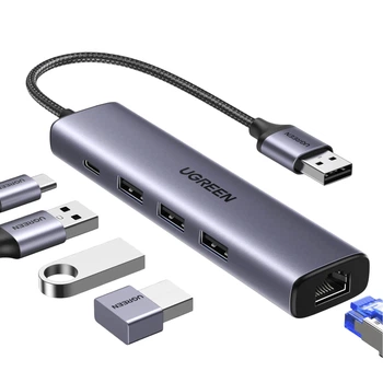 USB-хаб Ugreen CM475 USB 3.0 > 3xUSB 3.0 + RJ45 1000 Мбит/с, доп. питание USB-C Серый (60554)