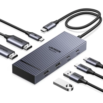 USB-хаб Ugreen CM886 Type-C 10-в-1 2xHDMI 4K 60Hz USB 3.2 10 Гбит/с PD 100W RJ45 SD/TF 30 см Серый (45366)
