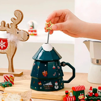 Новогодняя чашка "Merry Christmass" Елка Green кружка в форме елки с ложечкой подарочный набор