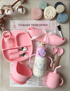 Набір силіконового посуду на 9 предметів із якісного, безпечного та харчового силікону + Пірамідка силіконова для гри та розвитку + Планер прикорму з магнітним маркером + Термос котик 300 мл