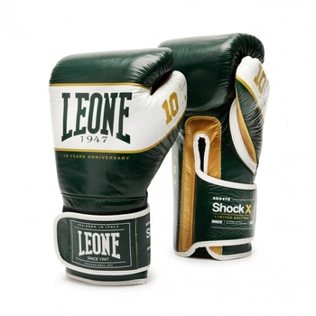 Боксерские перчатки Leone Shock X, Зеленые, кожаные, 12 унций (340г.) для спортсменов 60-80 кг. (500213)