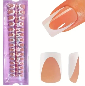 Гелевые типсы для наращивания Soft Gel с французским маникюром глянцевые короткий квадрат S 150 шт бежевые с белой глубокой линией френча (125)