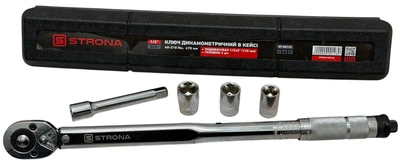 Ключ динамометрический 1/2", 40-210 Нм 470мм в кейсе+удлинитель 1/2x5"(125mm) CRV+головки 3шт STRONA